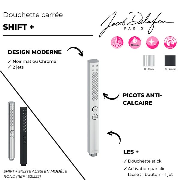 JACOB DELAFON - Pommeau de douche Shift+ carré 2 jets chromé + flexible - large