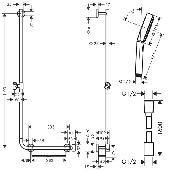 HANSGROHE - Barre de douche PMR Unica 110 avec poignée à droite Chromé + Pommeau de douche Pulsify 3 jets + flexible Isiflex 160cm - large