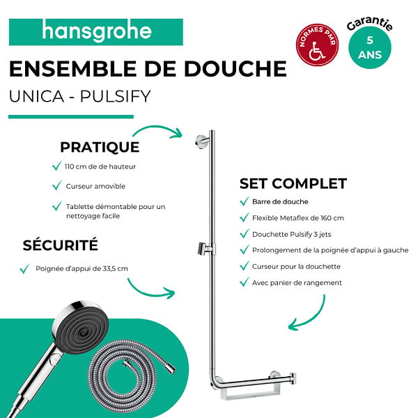 HANSGROHE - Barre de douche PMR Unica 110 avec poignée à droite Chromé + Pommeau de douche Pulsify 3 jets + flexible Metaflex 160cm - large