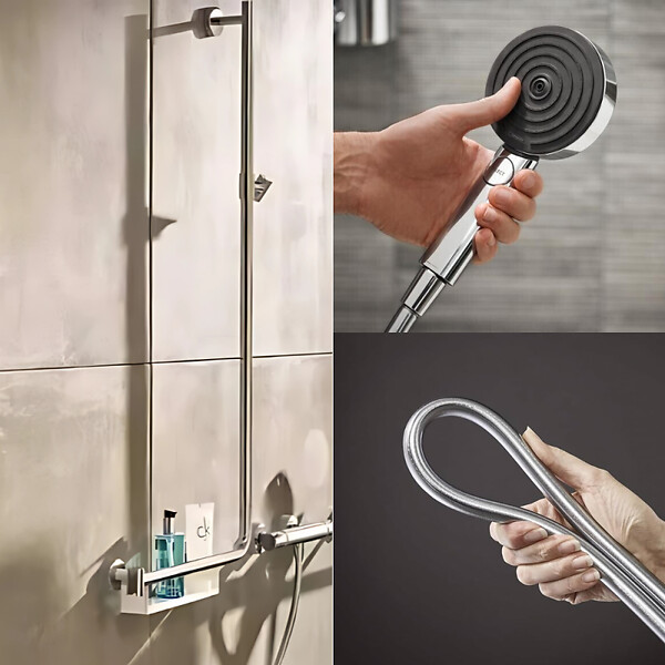 HANSGROHE - Barre de douche PMR Unica 110 avec poignée à gauche Chromé + Pommeau de douche Pulsify 3 jets + flexible Isiflex 160cm - large