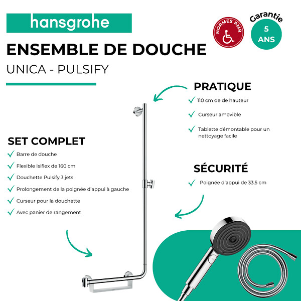 HANSGROHE - Barre de douche PMR Unica 110 avec poignée à gauche Chromé + Pommeau de douche Pulsify 3 jets + flexible Isiflex 160cm - large