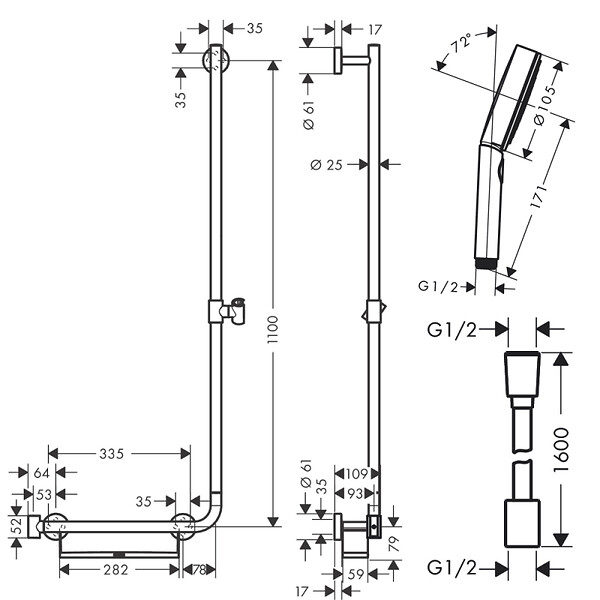 HANSGROHE - Barre de douche PMR Unica 110 avec poignée à gauche Chromé + Pommeau de douche Pulsify 3 jets + flexible Isiflex 160cm - large
