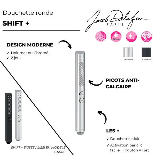 JACOB DELAFON - Pommeau de douche Shift+ rond 2 jets chromé + flexible - large