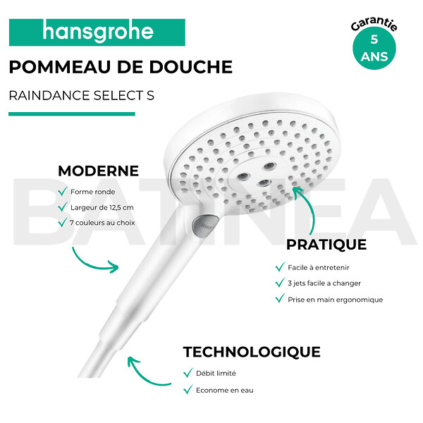 HANSGROHE - Pommeau de douche Raindance Select S EcoSmart 120 3 jets + flexible Designflex 160 cm blanc mat - large