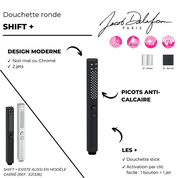 JACOB DELAFON - Pommeau de douche Shift+ rond 2 jets noir mat + flexible - large
