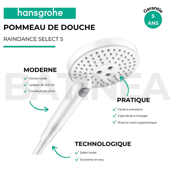 HANSGROHE - Pommeau de douche Raindance Select S EcoSmart 120 3 jets + flexible Isiflex blanc mat 160 cm - large