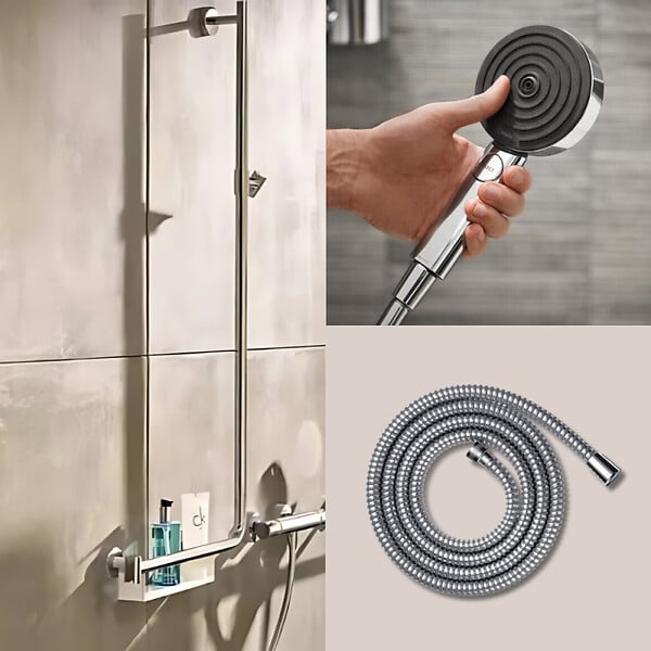 HANSGROHE - Barre de douche PMR Unica 110 avec poignée à gauche Chromé + Pommeau de douche Pulsify 3 jets + flexible Metaflex 160cm - large