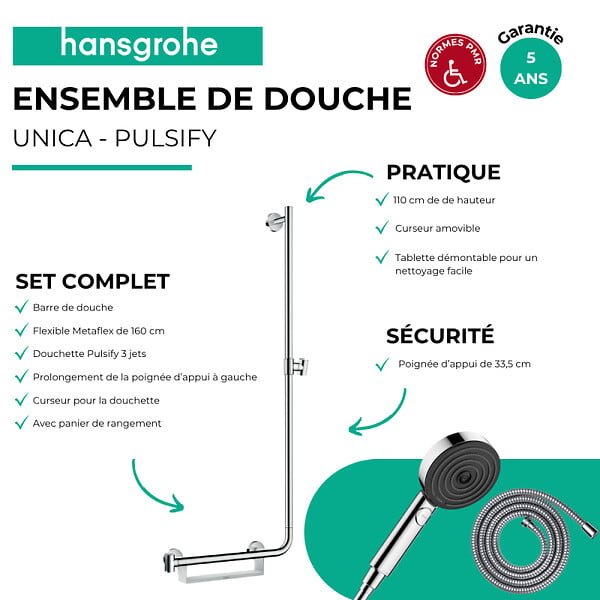 HANSGROHE - Barre de douche PMR Unica 110 avec poignée à gauche Chromé + Pommeau de douche Pulsify 3 jets + flexible Metaflex 160cm - large