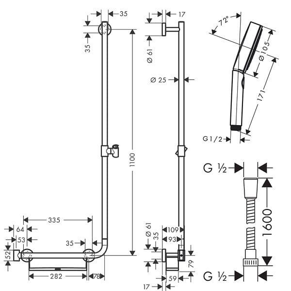 HANSGROHE - Barre de douche PMR Unica 110 avec poignée à gauche Chromé + Pommeau de douche Pulsify 3 jets + flexible Metaflex 160cm - large