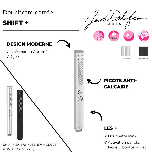 JACOB DELAFON - Pommeau de douche Shift+ carré 2 jets chromé - large