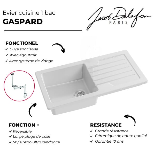 JACOB DELAFON - Evier à encastrer 1 bac Gaspard avec système de vidage - large