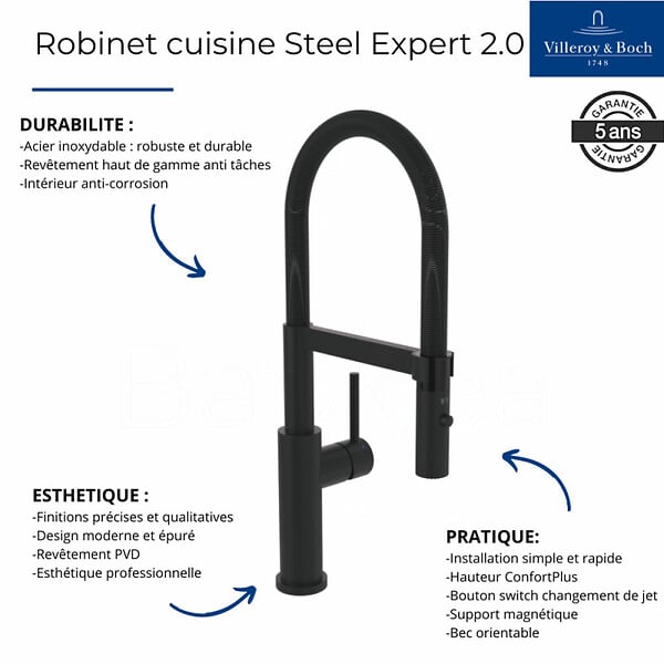 VILLEROY ET BOCH - Robinet cuisine semi-pro  Steel expert 2.0 noir mat - large