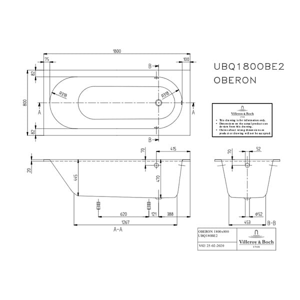 VILLEROY ET BOCH - Baignoire droite  Oberon quaryl 180 x 80 cm  + Pare bain droite AURYS Raywall chromé - large