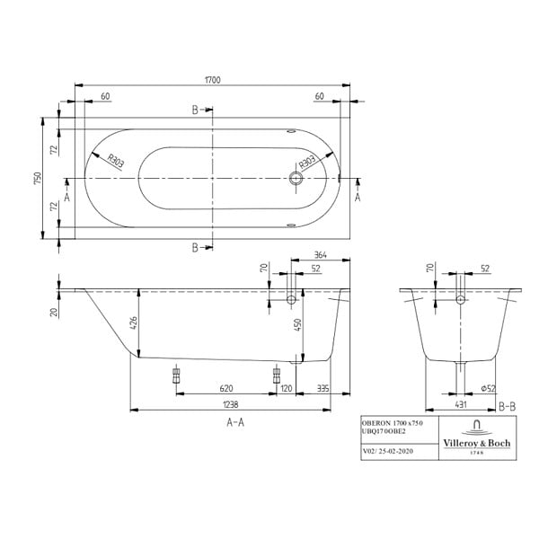 VILLEROY ET BOCH - Baignoire droite  Oberon quaryl 170 x 75 cm  + Pare bain droite AURYS Mist 1 chromé - large