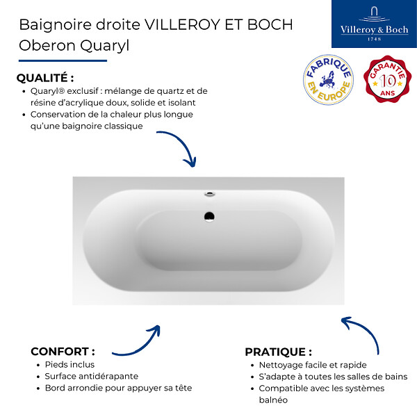 VILLEROY ET BOCH - Baignoire droite  Oberon quaryl 190 x 90 cm  + Pare bain gauche AURYS Mist 1 chromé - large