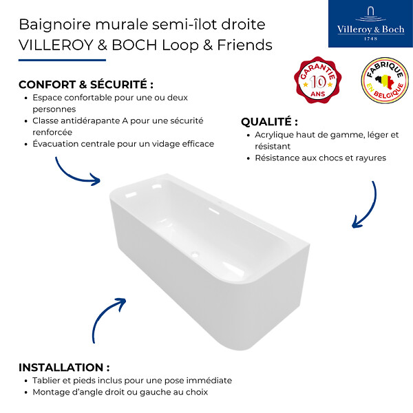 VILLEROY ET BOCH - Baignoire murale semi-îlot Loop & Friends avec bonde et trop-plein blanc - large