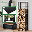 VOUNOT - Range bûche vertical télescopique pour cheminée avec étagère de MDF 45x32x170cm acier noir - vignette