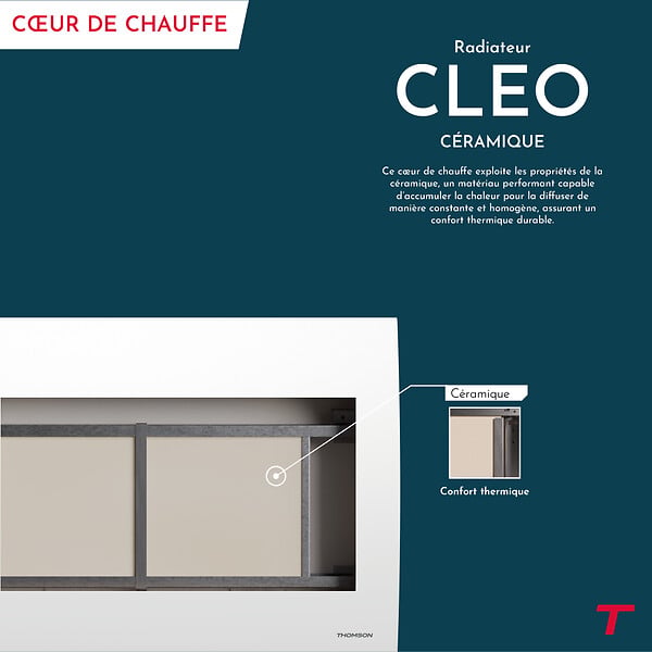THOMSON - Radiateur électrique fixe à inertie sèche céramique - THOMSON - CLEO 1000W - Thermostat interchangeable - horizontal blanc - NF - large