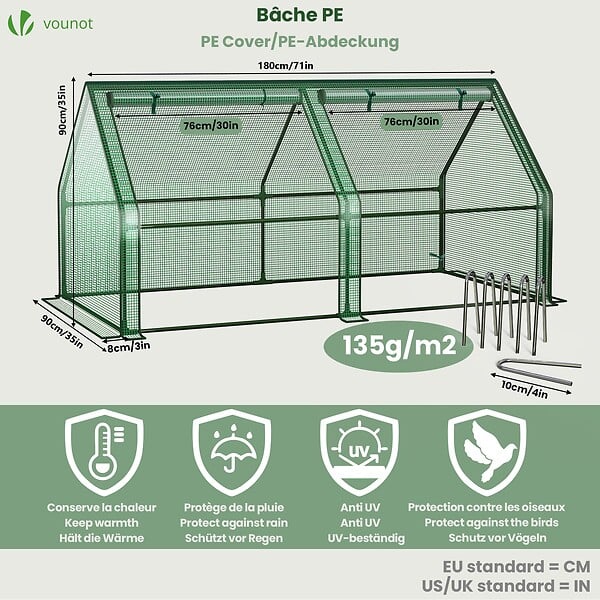 VOUNOT - Mini Serre de jardin avec 2 portes enroulables bache PE renforcee 135g/m2 180x90x90cm Vert - large