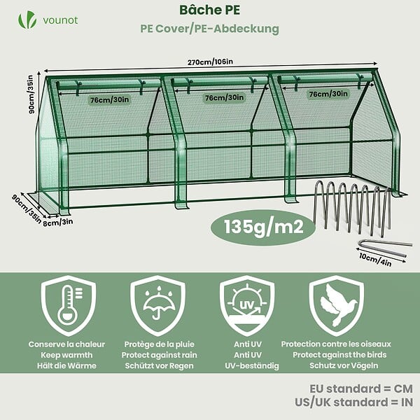 VOUNOT - Mini Serre de jardin avec 3 portes enroulables bache PE renforcee 135g/m2 270x90x90cm Vert - large