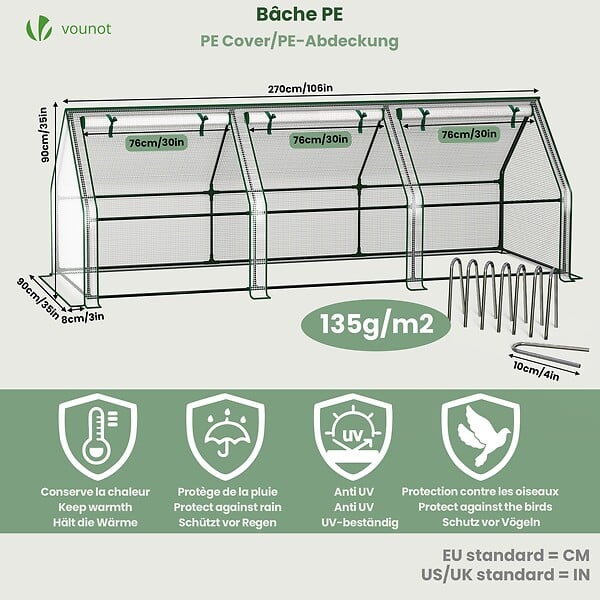 VOUNOT - Mini Serre de jardin avec 3 portes enroulables bache PE renforcee 135g/m2 270x90x90cm Blanc - large