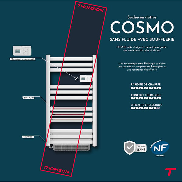 BESTHERM - Sèche-serviette électrique sans fluide avec soufflerie - THOMSON - COSMO 500 + 1000W - Connecté WiFi - blanc - NF - large
