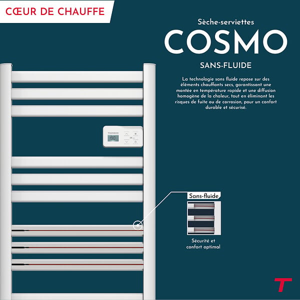BESTHERM - Sèche-serviette électrique sans fluide avec soufflerie - THOMSON - COSMO 500 + 1000W - Connecté WiFi - blanc - NF - large