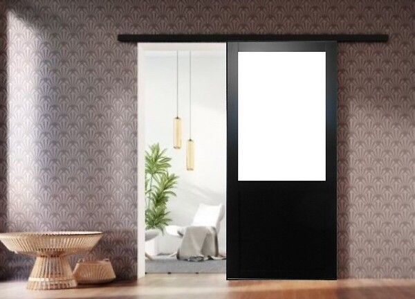 GD MENUISERIES - Porte Coulissante Atelier Noir Vitrée H204 x L93 cm sans meneau, Rail alu Bandeau Noir - large