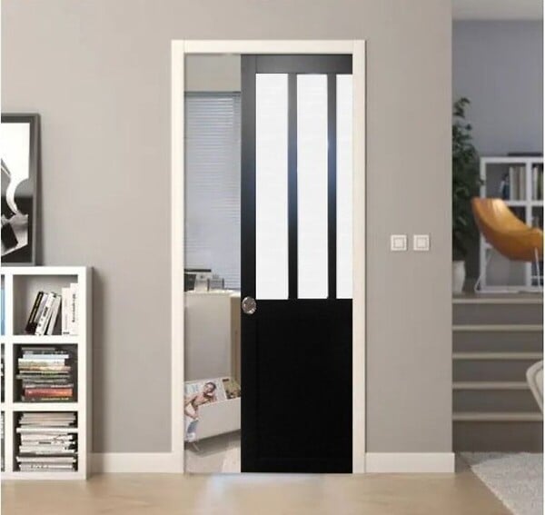 GD MENUISERIES - Porte Coulissante Atelier Noir vitre depoli H204 x L73 cm, Galandage, kit finition - large