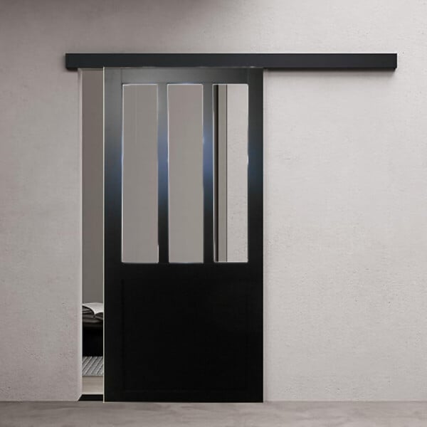 GD MENUISERIES - Porte Coulissante Atelier Noir Vitrée H204 x L73 cm, Rail alu Bandeau Noir - large