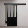 GD MENUISERIES - Porte Coulissante Atelier Noir Vitrée H204 x L73 cm, Rail alu Bandeau Noir - vignette