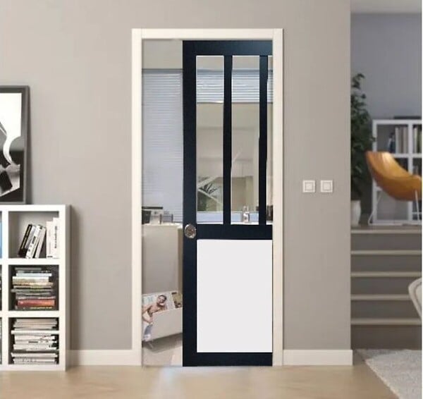 GD MENUISERIES - Porte Coulissante Atelier noir, blanc Vitrée H204 x L73 cm, Galandage, kit de finition - large
