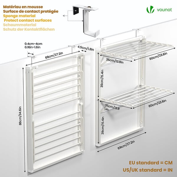 VOUNOT - Étendoir à linge mural suspendu pliable Blanc - large
