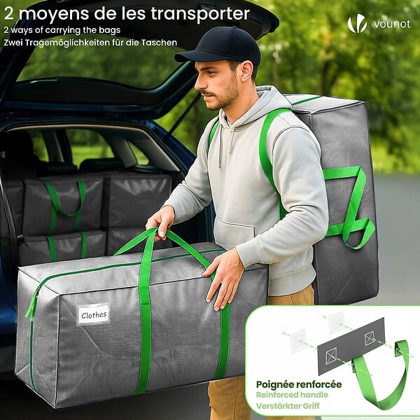 VOUNOT - Lot de 10 sacs de demenagement grand format avec sangles et poignee gris - large