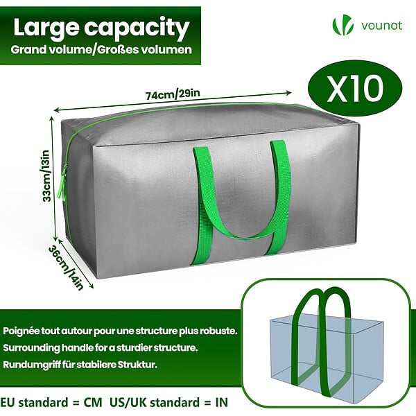 VOUNOT - Lot de 10 sacs de demenagement grand format avec sangles et poignee gris - large