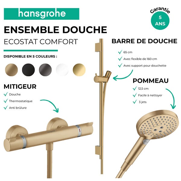 HANSGROHE - Pack mitigeur douche thermostatique Ecostat Comfort + Barre Unica + flexible + Pommeau Raindance 3 jets aspect doré poli - large