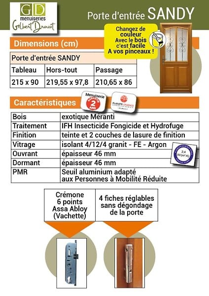 GD MENUISERIES - Porte d'entrée Bois Vitrée Sandy, H215 x L90 cm Côte Tableau p.Gauche - large
