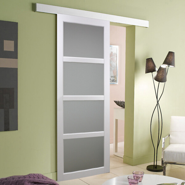 GD MENUISERIES - Porte Coulissante Tana blanc Vitrée H204 x L63 cm, Rail Alu bandeau blanc - large