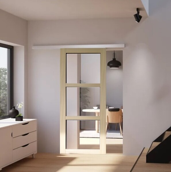 GD MENUISERIES - Porte Coulissante bois Ayous Vitrage transparent H204 x L73 cm, Rail alu bandeau blanc - large