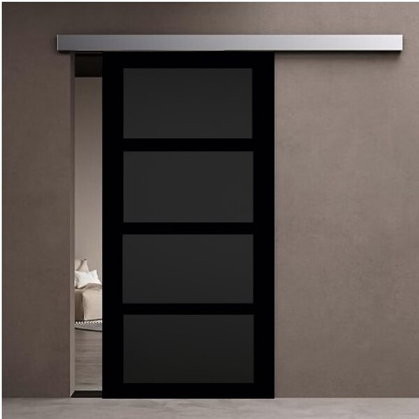 GD MENUISERIES - Porte Coulissante Telia noir 4 panneaux H204 x L73 cm Avec Rail Alu bandeau blanc - large