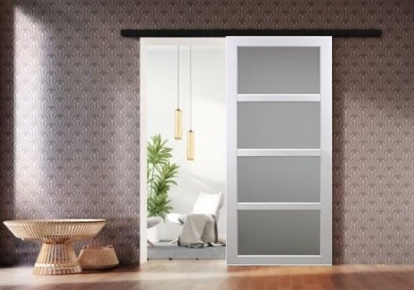 GD MENUISERIES - Porte Coulissante Tana blanc Vitrée H204 x L73 cm, Rail Alu bandeau noir - large