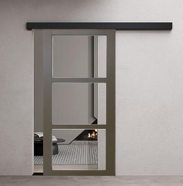GD MENUISERIES - Porte Coulissante Gris Taupe RAL 7006 Vitrage transparent H204 x L73 cm, Rail Alu Bandeau noir - large