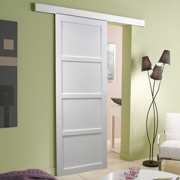 GD MENUISERIES - Porte Coulissante Tamera blanc 4 panneaux H204 x L63 cm, Rail Alu bandeau blanc - large