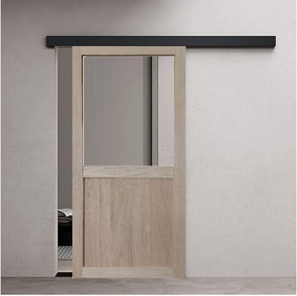 GD MENUISERIES - Porte Coulissante Atelier placage chene Vitrée H204 x L83 cm, Rail Alu bandeau noir - large