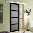 GD MENUISERIES - Porte Coulissante Telia Noir Vitrée H204 x L83 cm, Rail Alu bandeau blanc - vignette