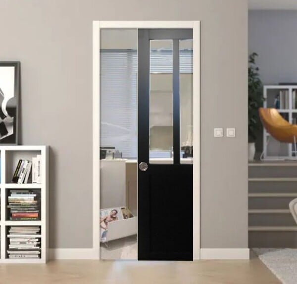 GD MENUISERIES - Porte Coulissante Atelier Noir H204 x L83 cm, Galandage, kit finition - large
