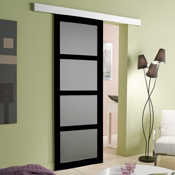 GD MENUISERIES - Porte Coulissante Telia Noir Vitrée H204 x L73 cm, Rail Alu - large