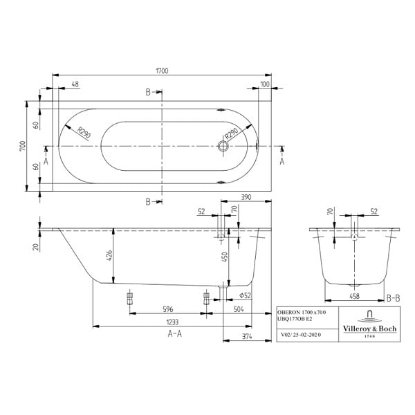 VILLEROY ET BOCH - Baignoire droite  Oberon quaryl 170 x 70 cm  + Pare bain droite AURYS Raywall chromé - large