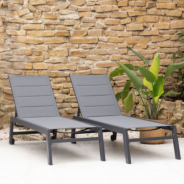 HAPPY GARDEN - Lot de 2 bains de soleil BARBADOS en textilène gris - aluminium gris anthracite - large