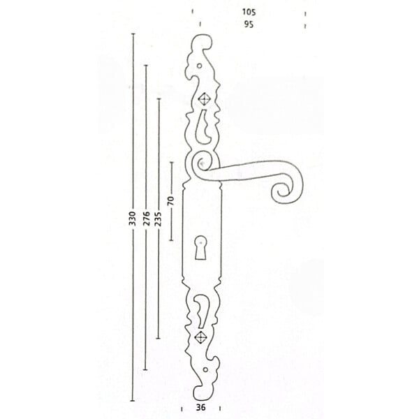 SECURY-T - Poignées de porte fer forgé COQ vieil argent 330X36 mm Trou de cylindre i - large